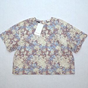 Wildfang Shirt Womens Large Blue Orange Floral Essential Boxy Top Short Sleeve
